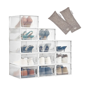 HomeBuddy Shoe Organizer Box - 12 Pack Shoe Box, Stackable Sneaker Storage, Sturdy Shoe Containers with Back Ventilation, Clear Shoe Boxes - Bamboo Charcoal Deodorizers Included, 3 Packs