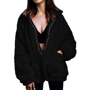 Women's Fuzzy Fleece Faux Shearling Coat, Winter Warm Oversized Jacket with Lapel Collar, Casual Zipper Outwear for Daily Use (Black) 3XL