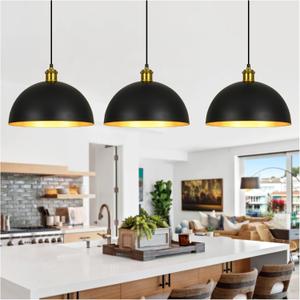 Pendant Lights Kitchen Island - 12-Inch Farmhouse Dome Hanging Light Fixture, Black and Gold Industrial Ceiling Light Adjustable Kitchen Pendant Lighting for Dining Room, Bedroom, Living Rooms