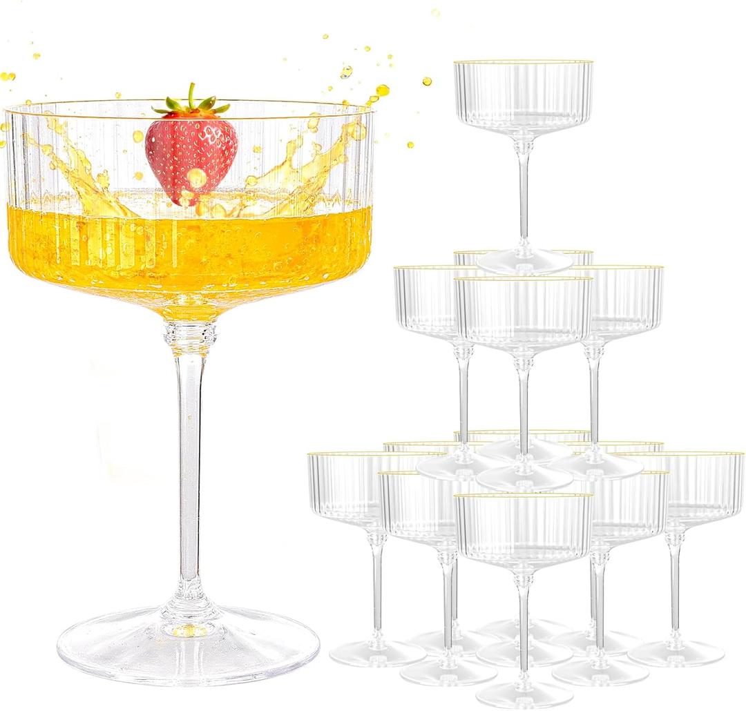 LIYH 20pcs Plastic Martini Glasses 10 Oz Disposable Martini Glasses Cocktail Coupe Plastic Champagne Tower Disposable Martini Cups Perfect for Bar Cocktails Martinis Parties (Clear Gold Vertical Stripe Pattern)