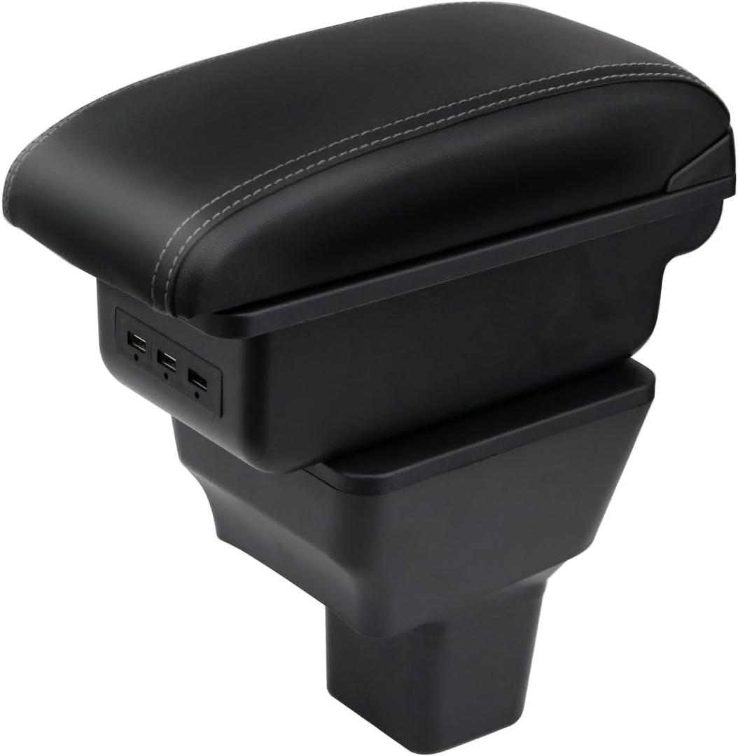 Console Armrest for Nissan Versa 2020-2024, Car Center Storage Box with USB Charging Port (Black with White Stitching)