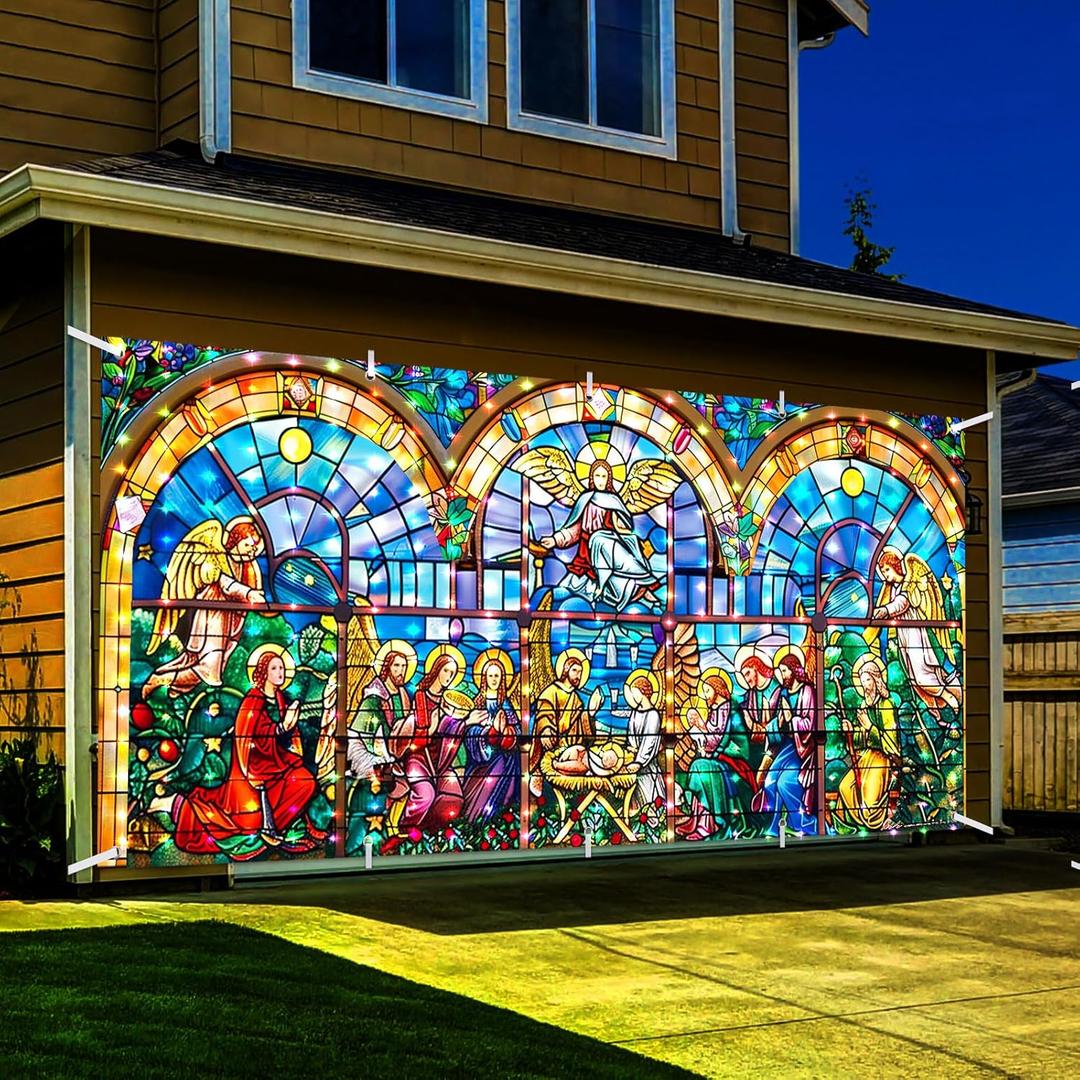 Christmas Lighted Nativity Garage Door Decorations Cover Banner 7 x 16ft Extra Large Backdrop Banner Christian Nativity Photo Backdrop Outdoor Xmas Holiday Winter Party
