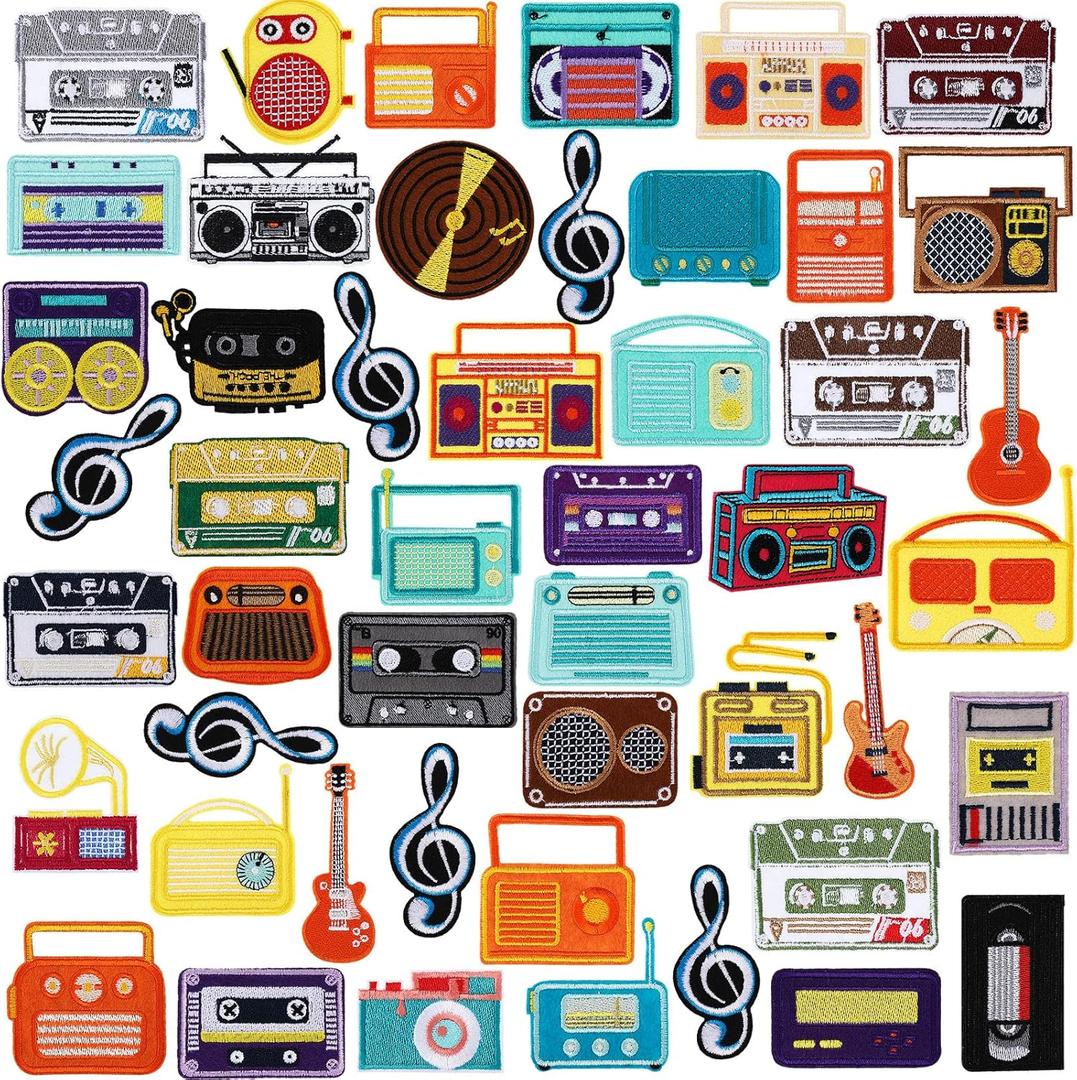 48 Pcs Music Style Patches Stickers Music Theme Iron on Patches Tape Radio Guitar Headphone Note Embroidery Vintage Patches Sew on Applique Patches for Clothes Hats Backpack Clothes DIY Accessory