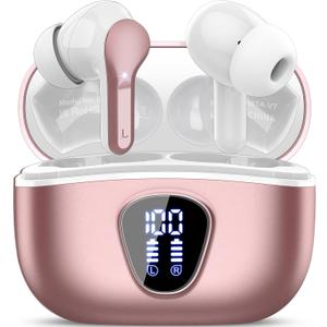 Wireless Earbuds, Bluetooth 5.4 Headphones HiFi Stereo, Bluetooth Earbuds with ENC Noise Cancelling Mic, IP7 Waterproof in Ear Earphones, 48H, LED Display Ear buds for Pad Phones Workout, Rose Gold