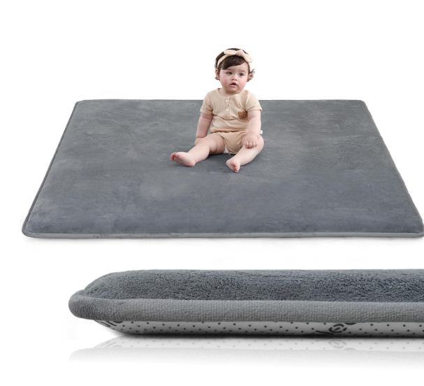 Huloo Sleep Baby Play Mat for Floor,1.3" Thick Elasti-Foam 50"×50" Playpen Mat for Tummy Time,Non-Toxic Certified Water Repellent Soft Coral Velvet for Toddler,Infant,Kids,Non-Slip Backing Safe for Crawling(Dark Grey)