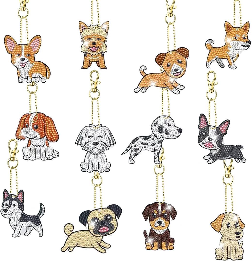 12 Pcs Dog Diamond Keychains Kit DIY Cute Dog Diamond Keychains Dog Diamond Keychain for Beginners Adults and Kids Art Craft Supplies Gift