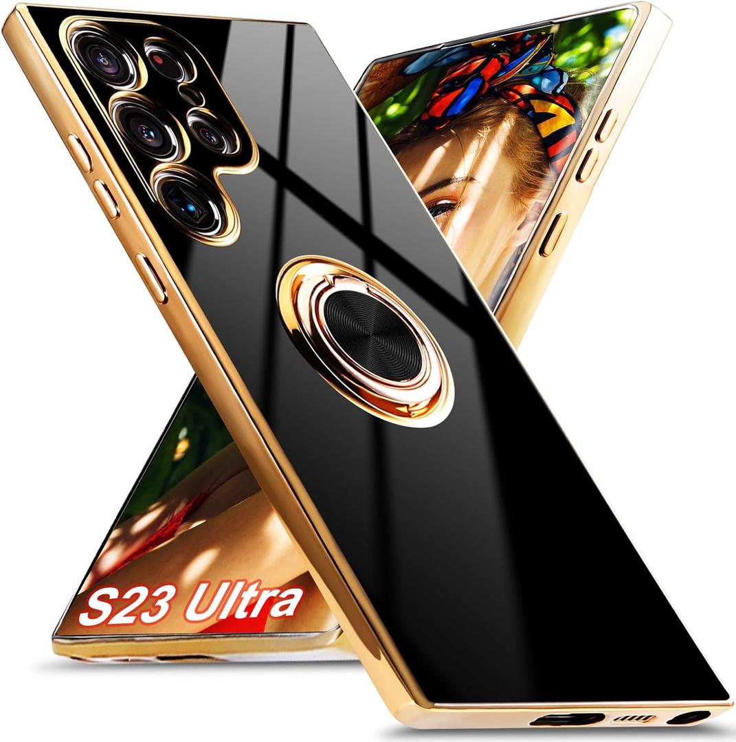 for Samsung Galaxy S23 Ultra 5G Case, Built-in 360 Rotation Ring Holder Magnetic Stand, Luxury Shiny Plating Edge Shockproof Electroplated Protective Phone Cover (Black/Golden)