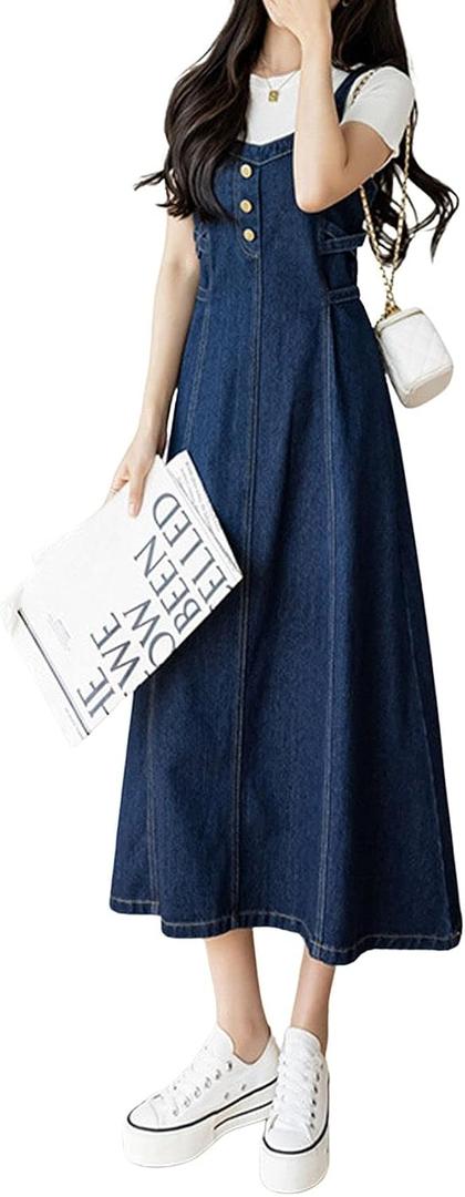 CHARTOU Women's Elegant Straps Back Smocked A-Line Long Skirt Denim Overall Pinafore Dress (Blue, XXL)
