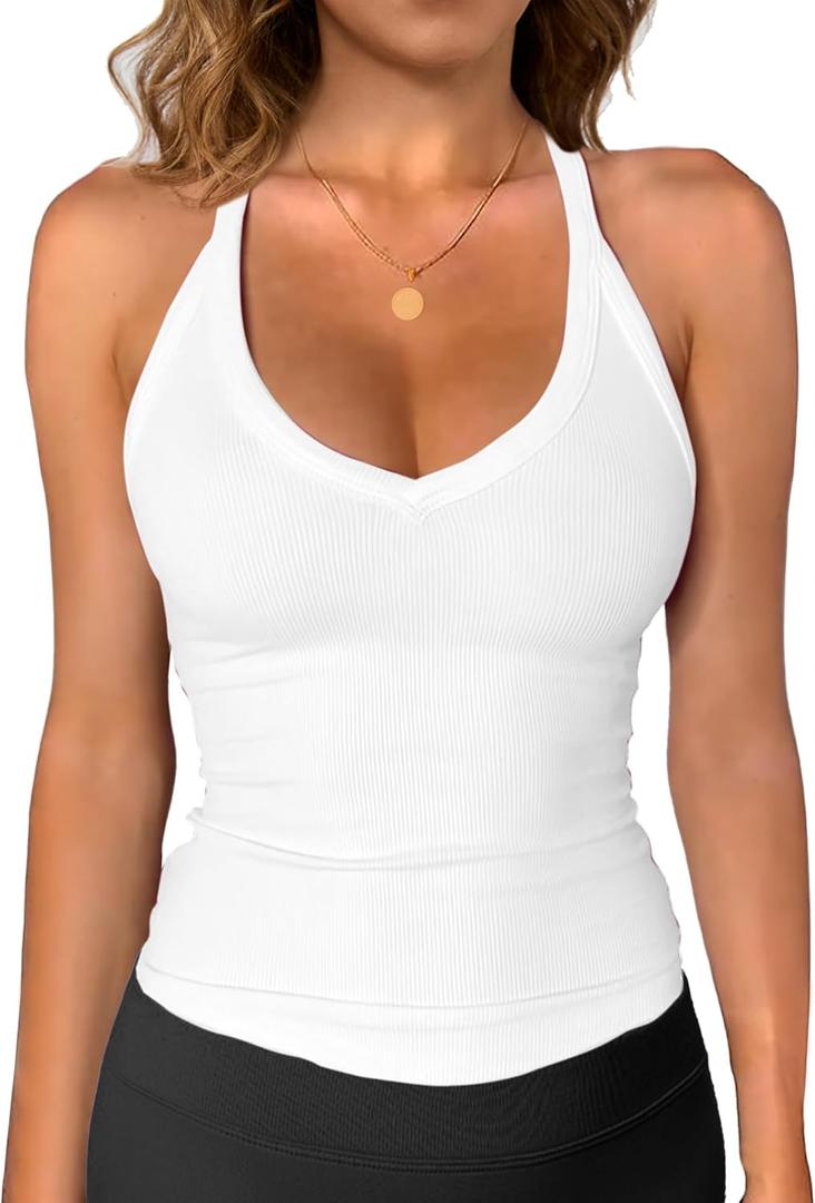 Jar of Love Workout Tank Tops for Women V Neck Racerback Cotton Ribbed Sapghetti Tank Fitted Basic Cami Tops (White, L)