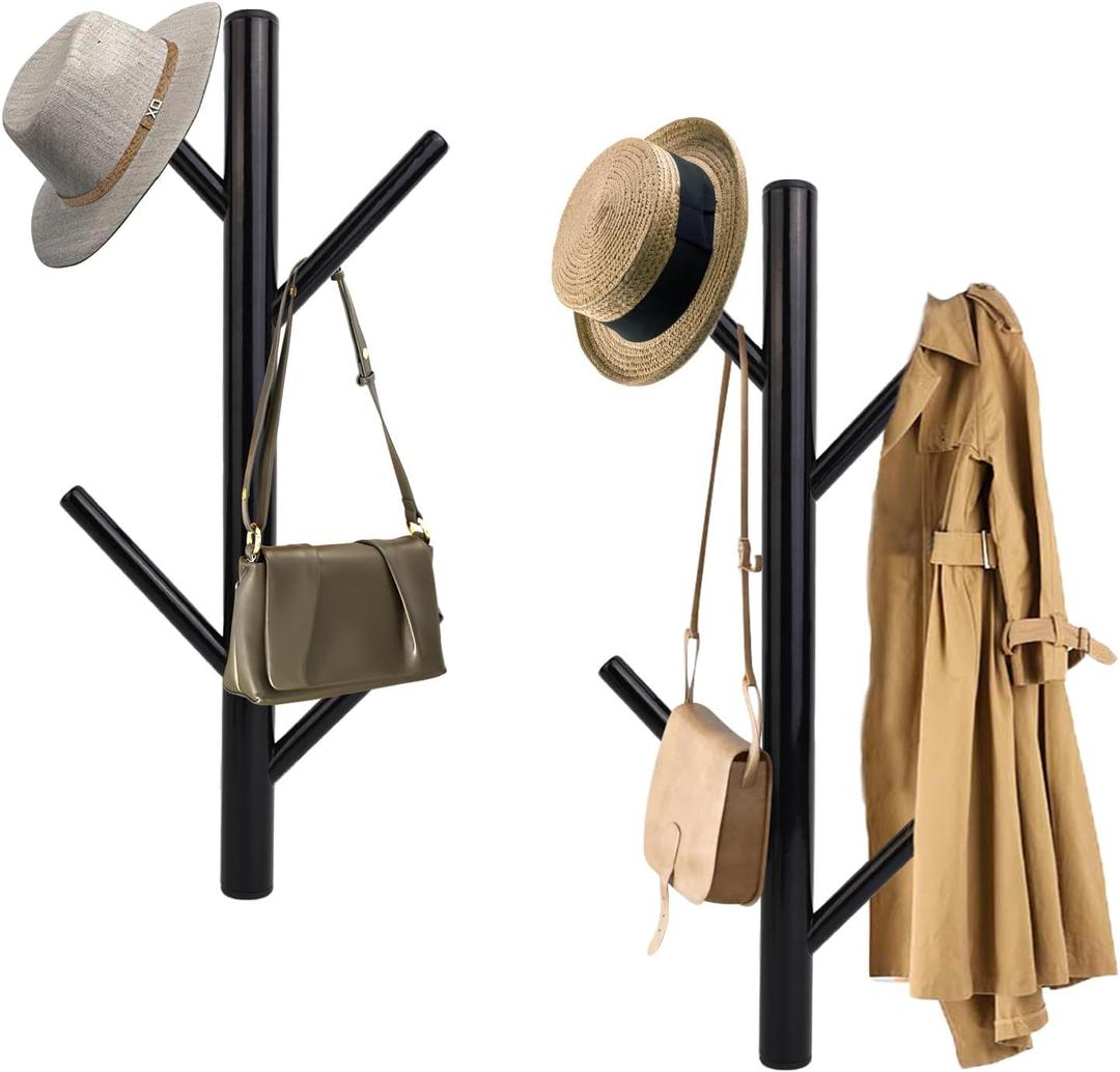 Acteomsly 2-Pack Vertical Coat Rack Wall Mounted, Modern Coat and Hat Rack, 15.9 Inch Metal Tree Coat Racks for Hats, Jackets, Bags, Clothes, Hats Entryway Bedroom, Living Room (Black）
