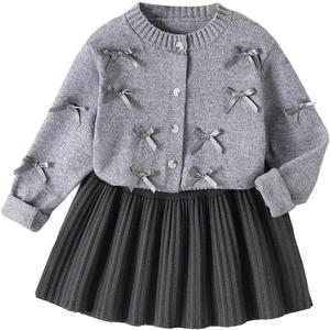 WDIRARA Girl's 2 Piece Cute Knit Fall Outfits Bow Cardigan and Pleated Knit Skirt Sets (S)