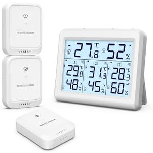 ORIA Indoor Outdoor Thermometer, Digital Hygrometer Thermometer, Wireless Temperature and Humidity Gauge Monitor with 3 Sensors, LCD Backlight for Home, Office, Bedroom, White