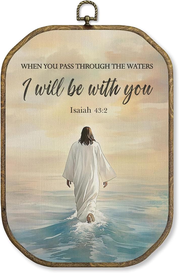 WUHSDIBC Jesus Walking On Water Octagon Wall Art Decor, Christian Jesus Framed Canvas Art Prints, Vintage Religious Bible Verse Wall Hanging Decor for Living Room Bedroom Church, 10.2x7 Inches