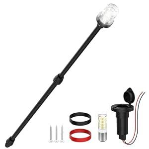 AMBIPASION Stern Light Boat Anchor Light, 26"–48" Telescoping Pole Boat Lights with Base, Marine Navigation Lights for Boats LED, for Pontoon, Fishing, Bass & Jon Boats, 12–24V (Black)
