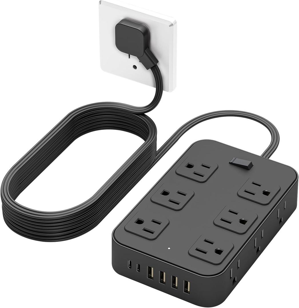 Flat Plug Power Strip Surge Protector with 12 AC Outlets 6 USB Ports 3 Side Multi Plug Outlet Extender 10 Ft Extension Cord for Home Office Kitchen Dorm Wall Desk Charging Station ETL Listed