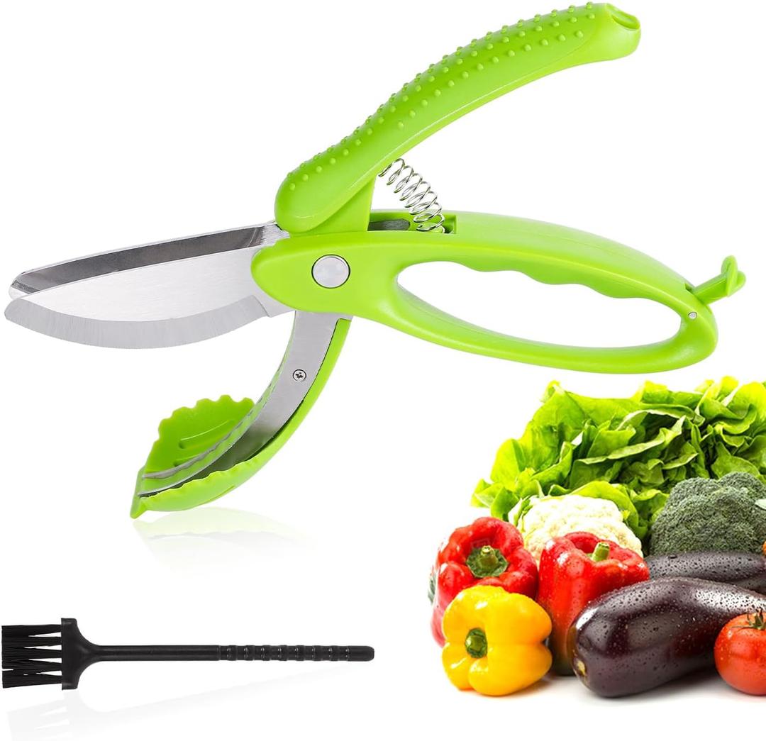 Salad Scissors, with Cleaning Brush Stainless Steel Salad Scissor Chopper Multifunctional Salad Chopper Scissors Heavy Duty Kitchen Salad Scissors for Kitchen Home Cutting Tool (Green)