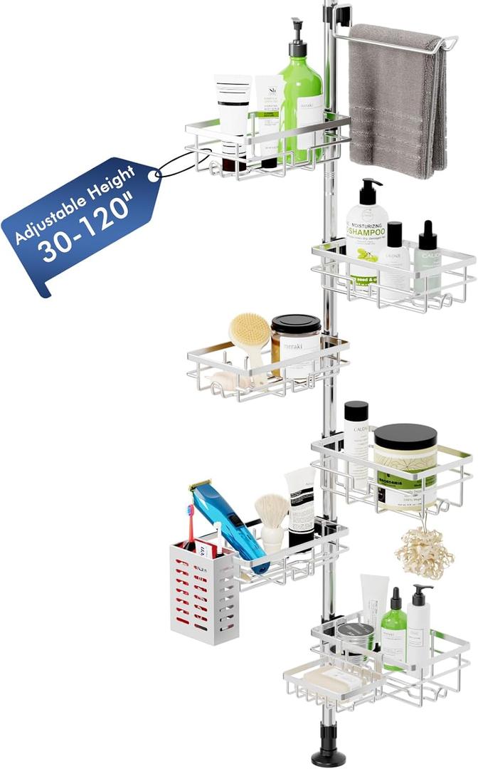 Shower Caddy Corner Tension Pole,Stainless Steel Shelves Bathroom Organizer | Rustproof 6-Tire Shelf, Adjustable 30-120 Inch Storage, Towel Bar & Soap Dish & Toothbrush Holder Rack