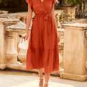 BTFBM Women Summer Bohemian Floral Casual Wrap V Neck Ruffle Cap Sleeveless Belt A-Line Pleated Hem Midi Sun Dress White (Orange, S)