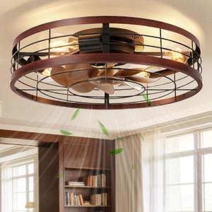 VOLISUN Farmhouse Caged Ceiling Fans with Lights Flush Mount, 23.6'' Rustic Low Profile Ceiling Fan with Light and Remote, Bladeless Fandelier Ceiling Fans with Lights for Kitchen, Bedroom(Wood)