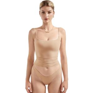 SUUKSESS Women Double Line Square Neck Tank Top Summer Y2K Going Out Basic Cami Shirt (Large, Nude)