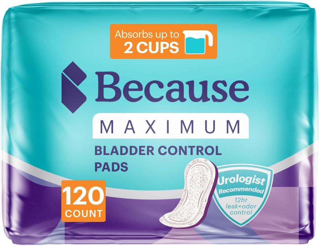 Because Incontinence Pads for Women - Maximum Absorbency, Postpartum Liners, Up to 100% Leak-Free Protection, Discreet Protection for Bladder Leaks, 120 Count (6 Packs of 20) New Version