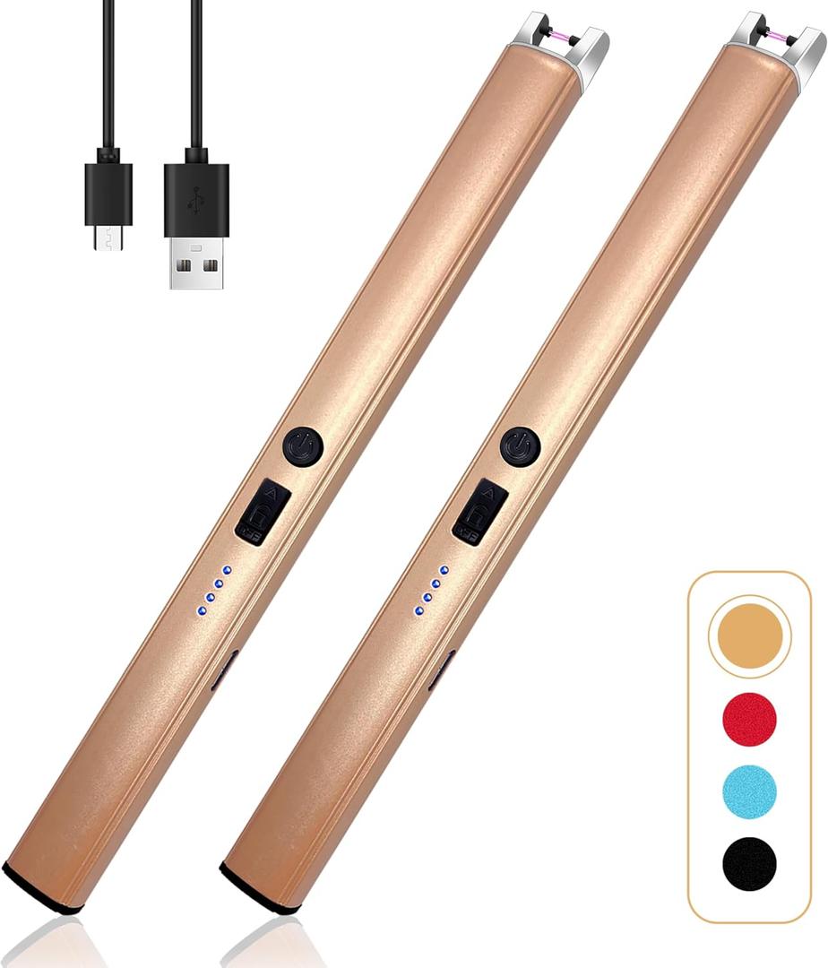 2 PCS Candle Lighter,Windproof Flameless Electric Lighter with LED Power Display  Safety Switch, Upgraded Plasma USB Rechargeable Lighters for Birthday Camping BBQ (Champagne Gold)