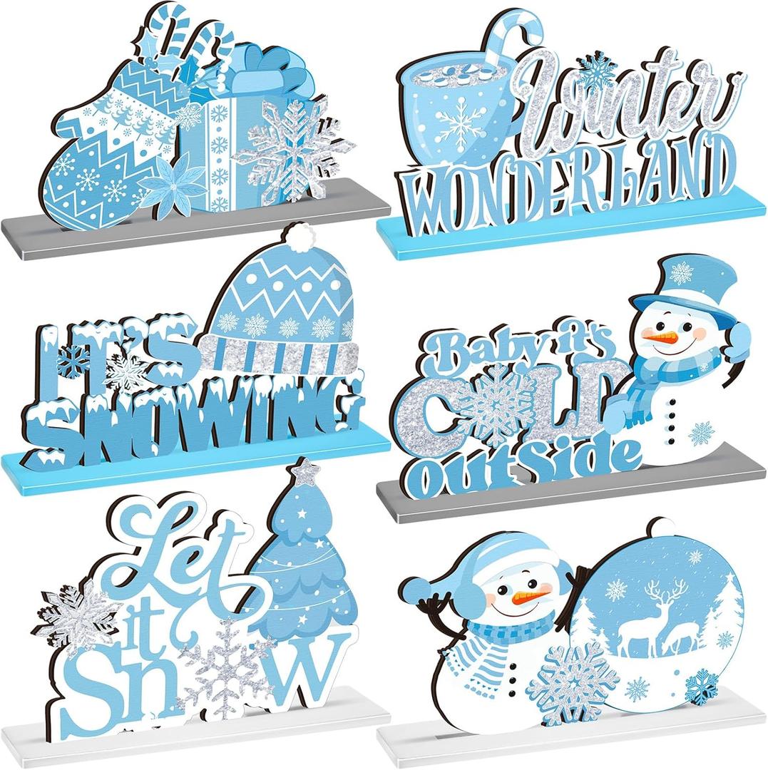 6 Pcs Winter Table Decorations Snowflake Snowman Wooden Centerpieces Wonderland Decor for Theme Party Winter It's Snow Theme Christmas Birthday Baby is Cold Outside Party Supplies (Blue) (Blue)