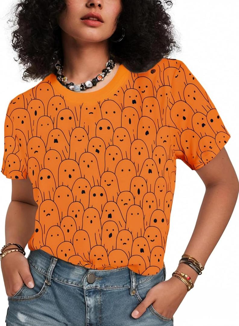 Halloween Ghost Shirt for Women Funny Spooky Season T Shirts Vintage Ghost Short Sleeve Tops (Orange, XXL)
