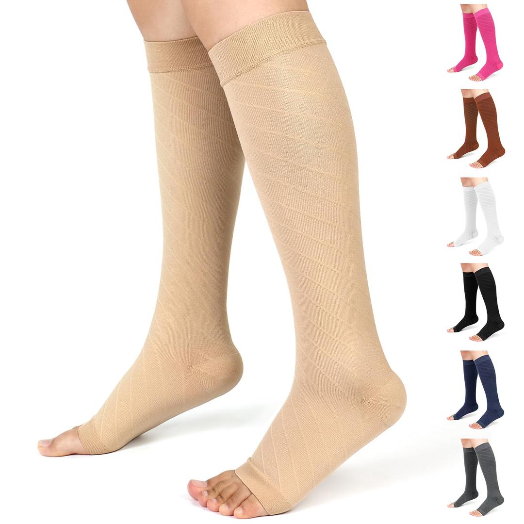 Ailaka Knee High Compression Socks for Men Women, 20-30 mmHg Firm Graduated Support Stocking Open Toe Varicose Veins Socks for Travel, Flight, Pregnancy, Recovery, M