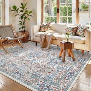 Lahome Floral Washable Area Rugs 5x7, Soft Beige Rugs for Living Room Bedroom, Boho Non Slip Low Pile Forest Design Large Throw Carpet for Farmhouse Dining Room Nursery Giverny, Beige/Blue