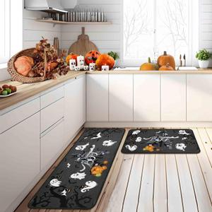 Halloween Kitchen Mats for Floor, Halloween Decorations Non Slip Backing Halloween Kitchen Rug Set of 2 Low-Profile Mat Halloween Decor for Home Party (1'5" x 3'11" (Rectangular), Black)