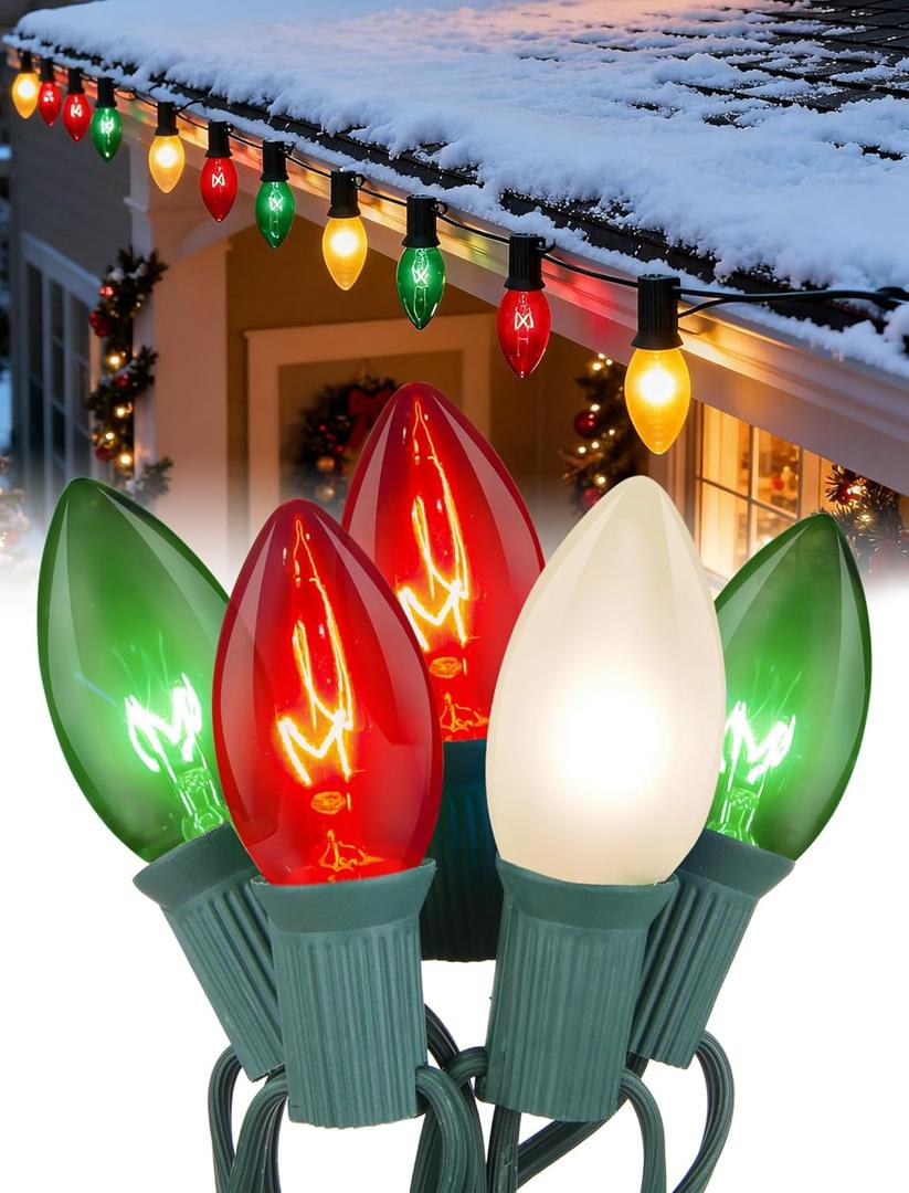 25ft Red White and Green Outdoor Christmas Lights,C9 Clear Incandescent Christmas Lights with 26 Multicolor Bulbs,Waterproof String Lights Plug in for Roofline Tree Garden Decor