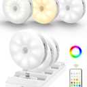 EZVALO Under Cabinet Lighting with Charging Station, 1000mAh Rechargeable Puck Lights with Remote, 3 Color Temps & 12 RGB Closet Lights, Dimmable Motion Sensor Lights for Shelf, Kitchen (6 Packs) (White)