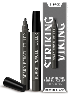 Striking Viking 2 Pack Beard Pencil Filler for Men with 4 Tips (Medium Black) - Fill, Shape & Define with this Long-Lasting, Waterproof Beard Pen Kit 