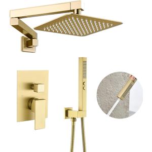 Brushed Gold Shower System with Rain Shower Heads with Handheld Spray Combo, Gold Shower Faucet Set with Rain Shower and Handheld, Gold Shower Head and Handle Set(Shower Valve Kit Included)