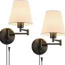 VONLUCE Wall Sconce Set of 2, Plug in & Hardwired Swing Arm Wall Lamps, Adjustable Wall Mounted Lighting Fixtures, Modern Wall Lights with Black Base White Fabric Shade for Bedside, Hallway, Study