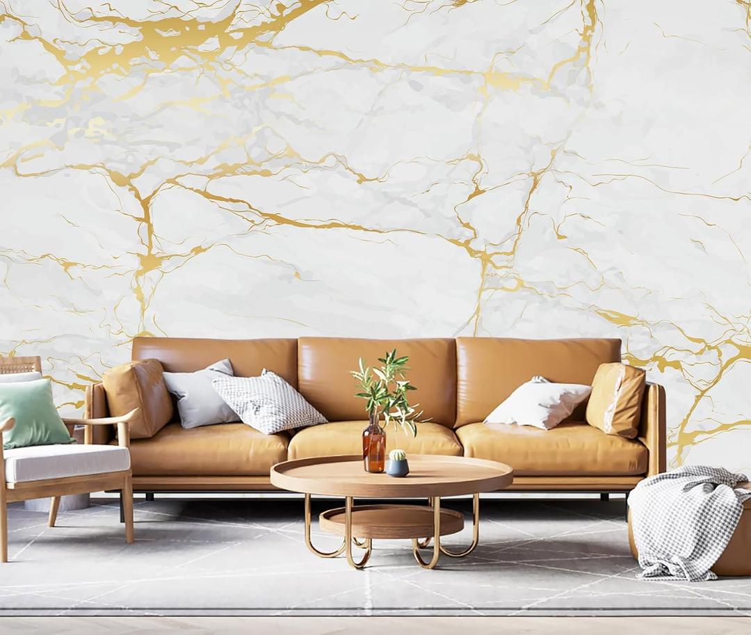 White Gold Marble Wallpaper Modern Abstract Wallpaper Mural for Living Room OfficNot Peel and Stick (91" x 60", Cybh-918)