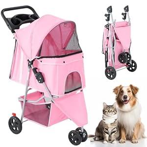 KMFurnila 3 Wheel Pet Stroller for Dogs and Cats, Foldable, Lightweight and Durable, Ideal for Small to Medium Pets, Includes Storage Basket and Cup Holders, Pink