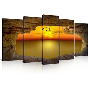 SATINO 5 Pieces Modern Large Canvas Wall Art Sunset Sky Clouds Sun Rock Sea Beach Picture Paintings on Canvas for Living Room Bathroom Bedroom Home Office Decor