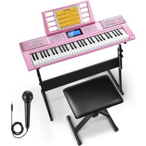 Donner 61 Key Keyboard Piano, Electric Piano Keyboard Kit with 249 Voices, 249 Rhythms - Includes Piano Stand, Stool, Microphone, Gift for Beginners, Pink (DEK-610S), Full