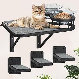 Cat Hammock Wall Shelves with 3 Steps, Cat Scratching Post Hammock and Perches with 2 Food Bowls, Wood Bed Furniture, Cat Scratching Post Shelf