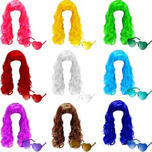 18 Pieces Colorful Long Curly Wigs and Heart Sunglasses Set Curly Wigs Wavy Long Wig Rimless Sunglasses Fun Sunglasses for Neon Bachelorette Party Halloween Costume Cosplay Decorations Supplies Favors