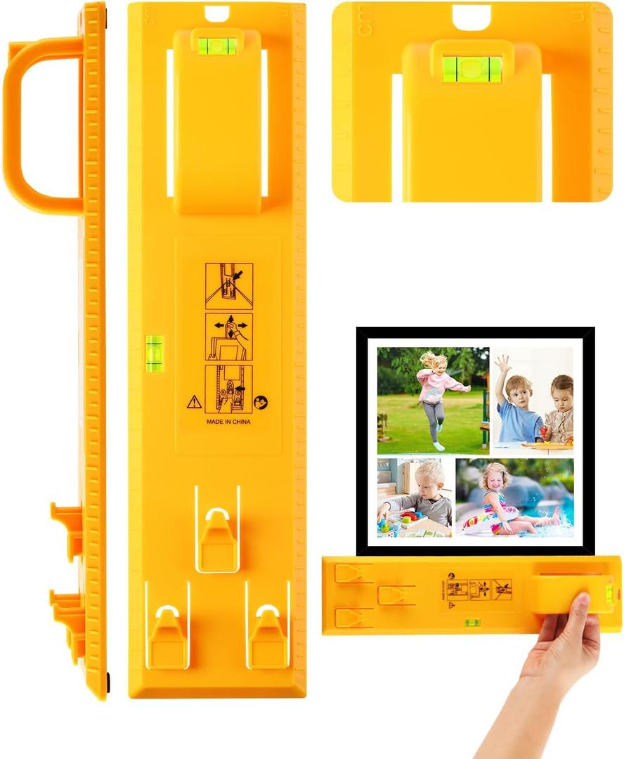 Picture Hanging Tool with Level, Goodsnova Photo Frame Hanging Tool for Easy Marking Position, Wall Hanger Helper Guide for Photo/ Art/ Painting Frame (Plastic, Yellow)