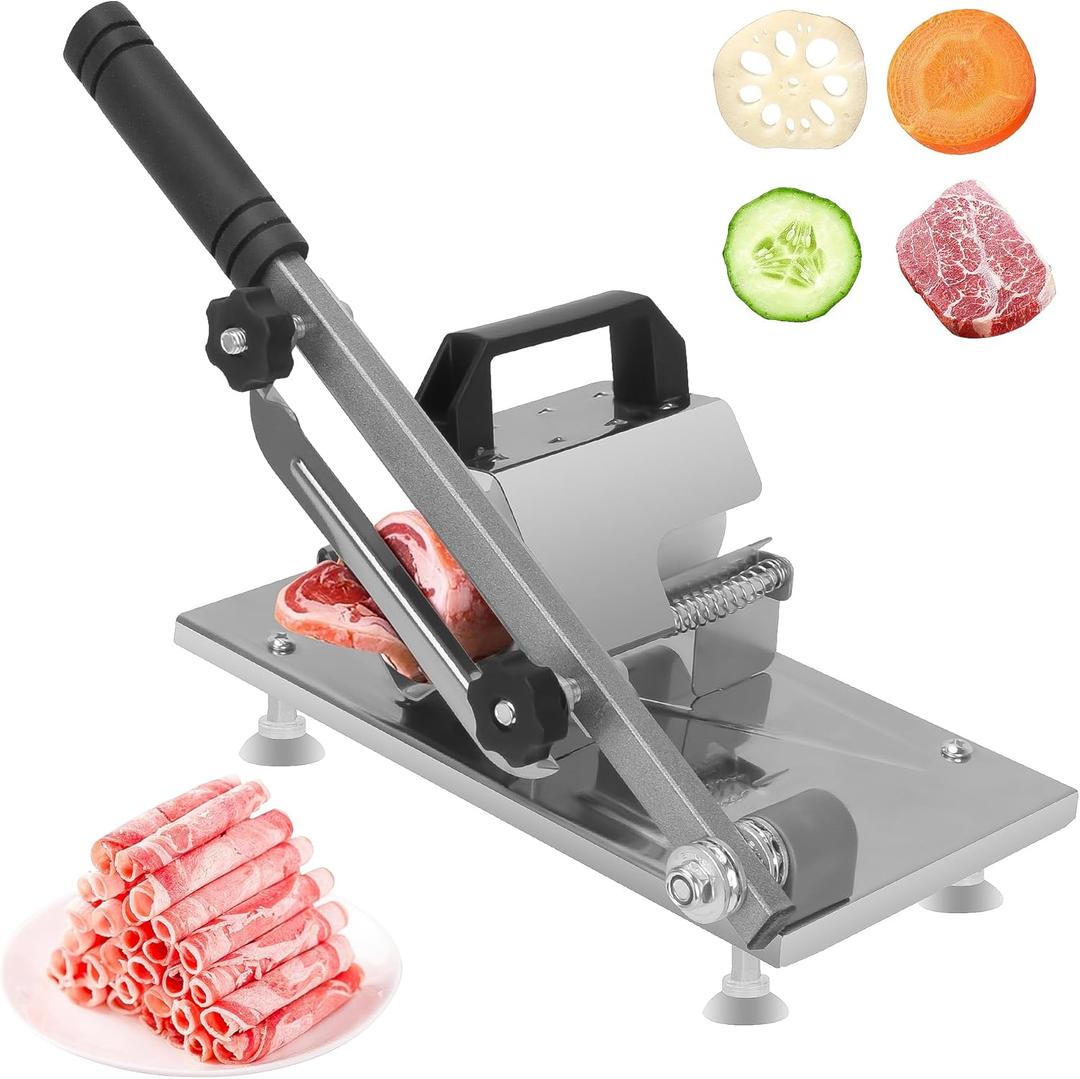Manual Meat Slicer - Stainless Steel Frozen Meat & Vegetable Cutter Machine for Beef, Mutton, Potato - Adjustable Thickness Home Kitchen Slicing Tool with Non-Slip Base frozen meat slicer