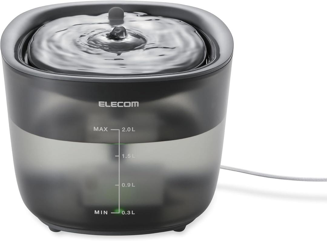 ELECOM Silent Pet Water Fountain for Cats and Dogs, 9dB Ultra Quiet Operation, 2L Capacity, Easy to Disassemble & Clean, 3-Layer Filtration, Wireless Pump, LED Light Modes (Black)