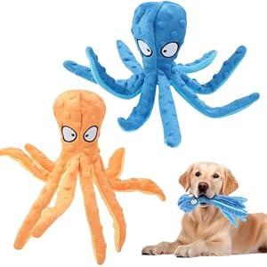 lanjue 2 Pcs Octopus Dog Toys, No Stuffing Squeaky Dog Toys Chew Toys for Dogs Puppy Toys Indestructible Dog Toy for Small & Medium & Large Dogs (Blue,Orange)