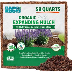 Back to the Roots 100% Organic Mulch, 58 Quart, Expanding Coconut Husk Block for Gardening