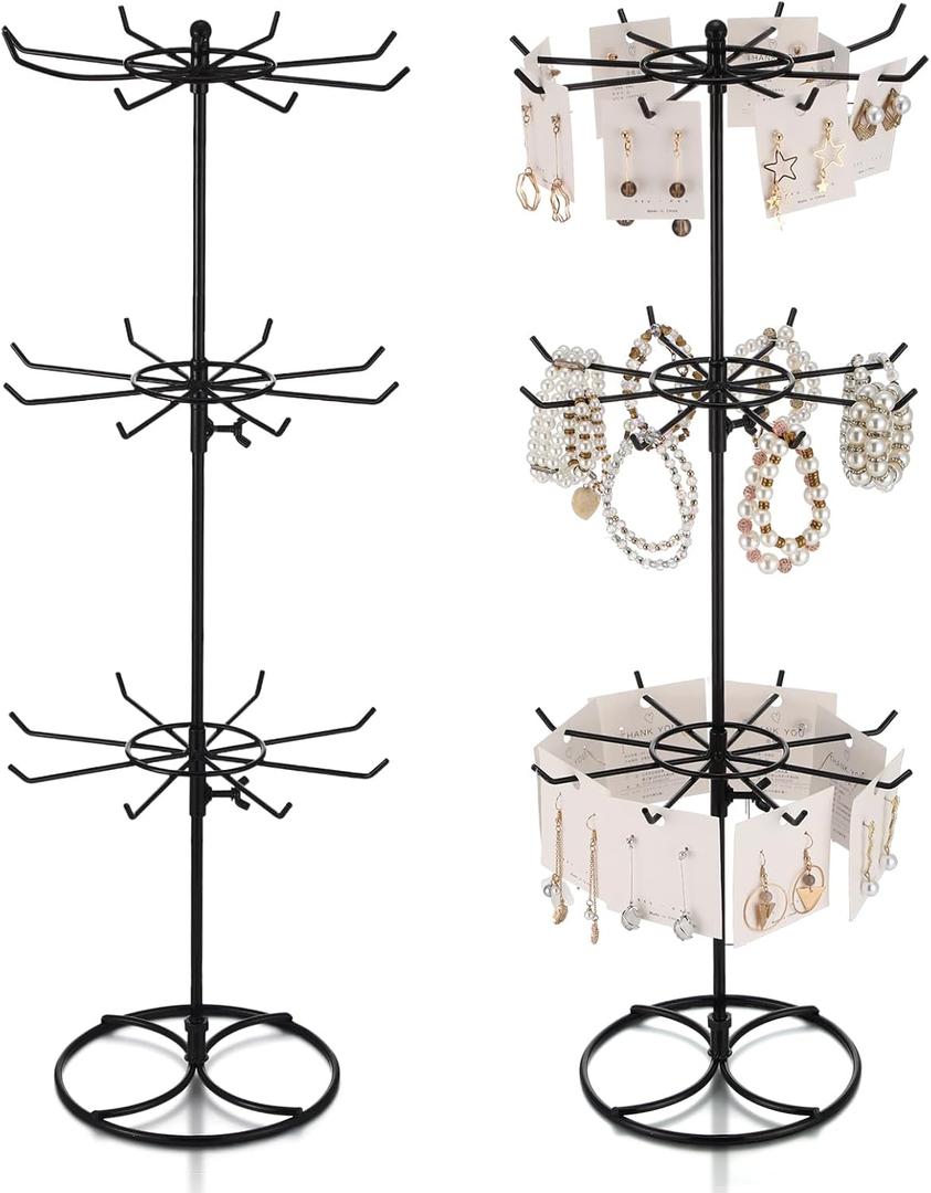 Tandefio 2 Pcs Rotating Bracelet Display Stand Jewelry Rack Metal Adjustable Display Holder with Hooks Organizer for Necklace(3 Tier)