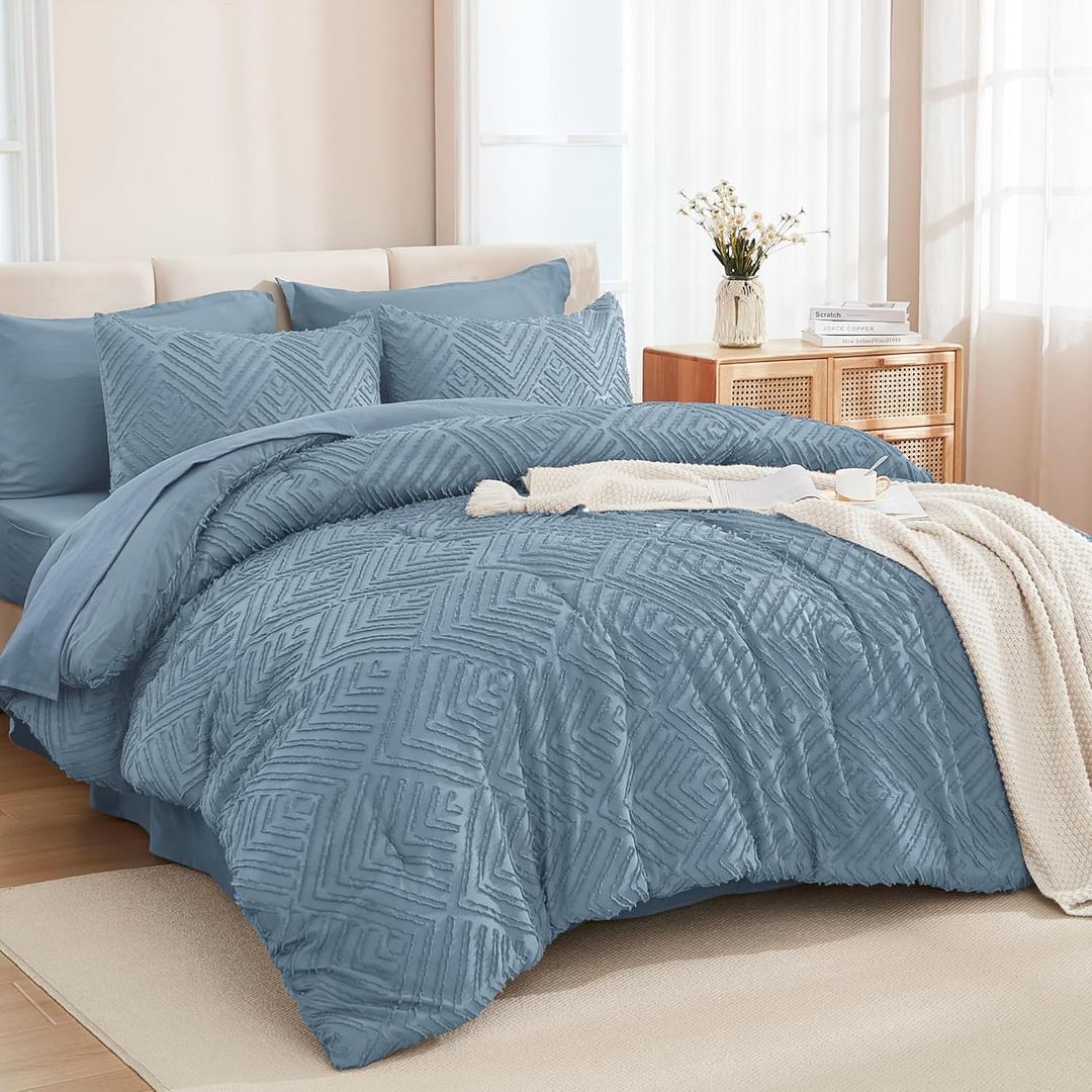Andency King Size Comforter Set 7 Pieces Grayish Blue - Bed in a Bag King Boho Lightweight Fluffy Tufted Bedding Sets with Comforter, Sheets, Pillowcases & Shams (King (104"x90"))