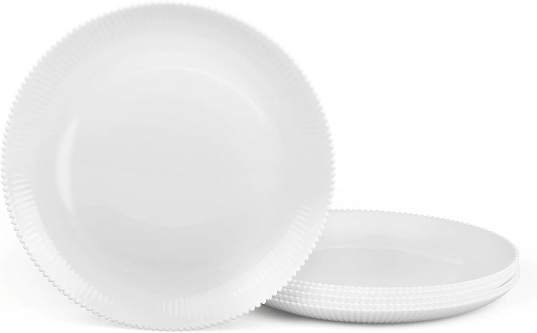 7.5 inch Ribbed Salad Appetizer Plate Set of 6, Opal Glass Round Small White Plates for Dessert, Kitchen, Dishwasher and Microwave Safe